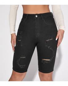 SHEIN High Waist Ripped Bermuda Denim Shorts