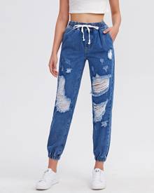 SHEIN Tie Waist Ripped Jogger Cropped Jeans