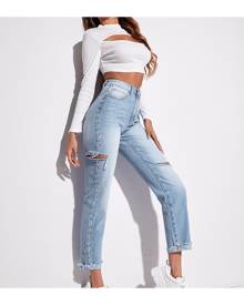 SHEIN High Waist Ripped Beaded Cropped Jeans