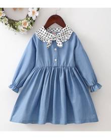 SHEIN Toddler Girls Contrast Polka Dot Collar Shirt Denim Dress