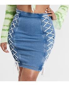 SHEIN Plus Lace Up Side Bodycon Denim Skirt