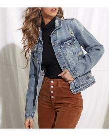 SHEIN Flap Pocket Ripped Denim Jacket