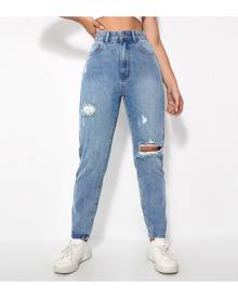 SHEIN High Waist Ripped Raw Hem Cropped Jeans