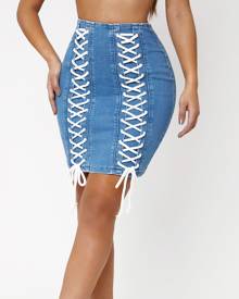 SHEIN Lace Up Front Denim Skirt