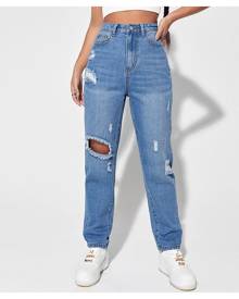 SHEIN Ripped Detail Mom Jeans