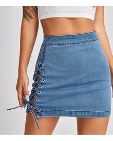 SHEIN Zip Back Lace Up Detail Denim Skirt