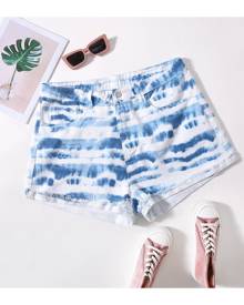 SHEIN Plus Tie Dye Roll Hem Denim Shorts