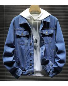 SHEIN Men Flap Pocket Button Up Embroidery Denim Jacket Without Hoodie