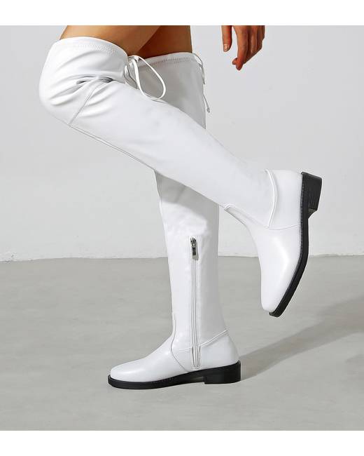 White knee cheap high boots flat