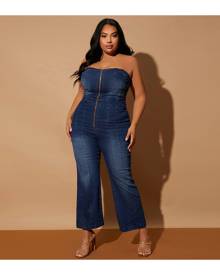 SHEIN Plus Zip Front Lace Up Backless Tube Denim Overalls