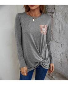 SHEIN Sequin Decor Twist Hem Tee