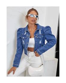 SHEIN Gigot Sleeve Ripped Denim Jacket