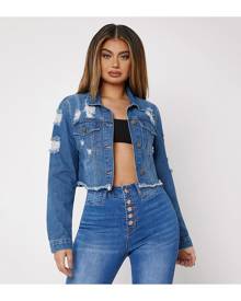 SHEIN Ripped Raw Hem Denim Jacket