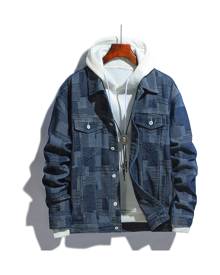 SHEIN Men Patchwork Print Denim Jacket Without Hoodie