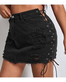 SHEIN Plus Lace Up Side Ripped Denim Skirt