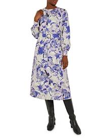 Misook Floral Bishop Sleeve Belted Woven Dress