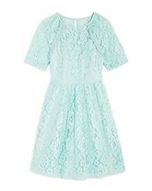 Us Angels Girls' Puff Sleeve Lace Dress with Crochet Trim - Big Kid