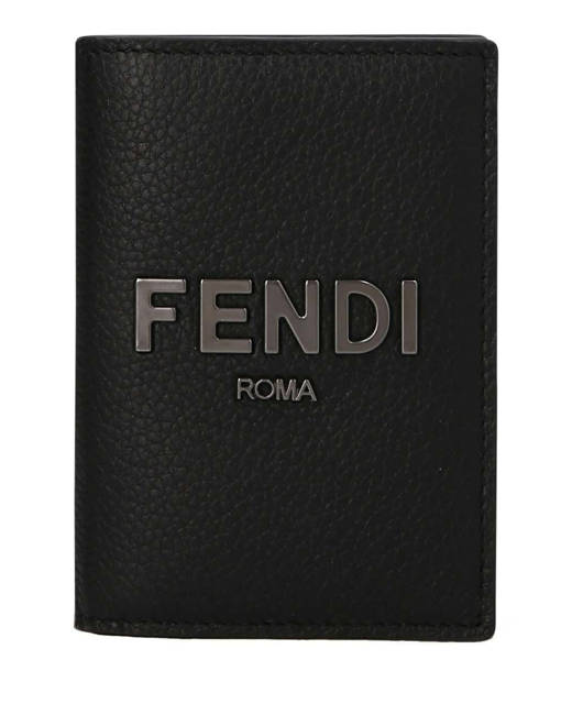 Fendi Roma Black Calfskin Leather Embossed Logo Card Case Wallet