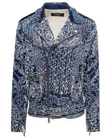 Dsquared2 Blue Biker Jacket With All-over Tattoo Print In Denim Man