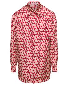 Valentino Red Toile Iconographe Shirt With Logo Print All-over In Silk Man