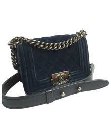 Chanel Boy Navy Velvet Handbag for Women