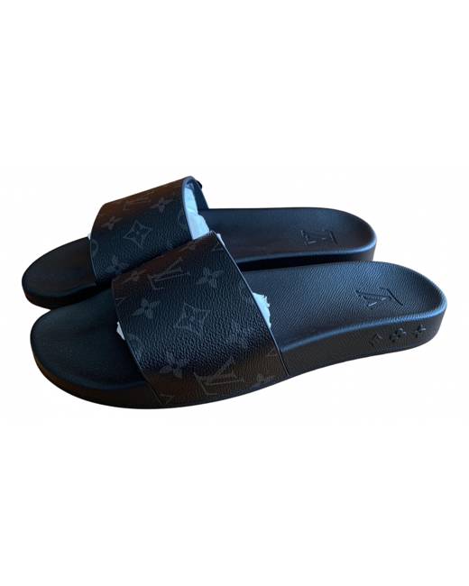 Louis Vuitton Navy Blue Leather and Canvas Thong Slides Size 44.5