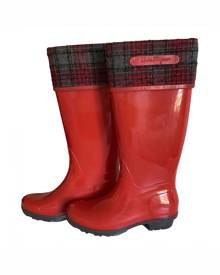 rain boots with red label