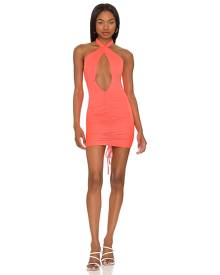 superdown Ariya Ruched Halter Dress in Neon Orange - Coral. Size L (also in M, S, XL, XS, XXS).