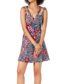 Guess Women's Black Size 12 Floral Houndstooth V-Neck A-Line Dress Guess Women's Black Size 12 Floral Houndstooth V-Neck A-Line Dress