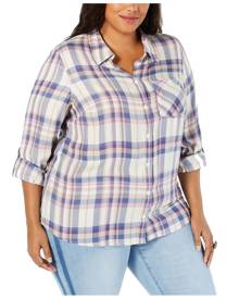Style & Co. Women's Top Blue White Size 1X Plus Knit Button Down Plaid Style & Co. Women's Top Blue White Size 1X Plus Knit Button Down Plaid
