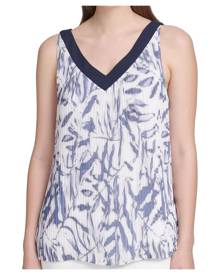 DKNY Women's Blouse Blue Size Large L Floral Pleated V-Neck Tank DKNY Women's Blouse Blue Size Large L Floral Pleated V-Neck Tank