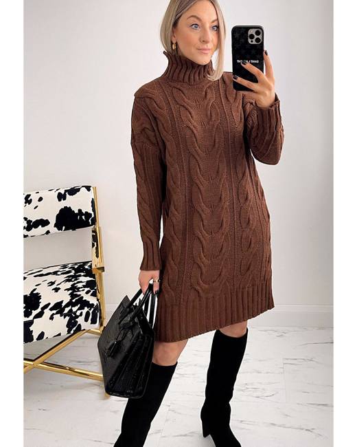 Womens Brown Jumper Dress Sweater Dress Pullover with Handbag Print 