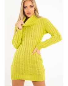 Rebellious Fashion Dress - Lime Cable Knit Roll Neck Jumper Dress - Matilda