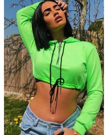 Rebellious Fashion Womens Hoodie - Neon Green Zip Front Drawstring Waist Crop Hoodie - Rudi