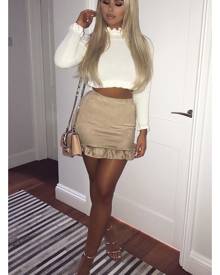 Rebellious Fashion Skirt - Camel Suedette Frill Hem Mini Skirt - Misse Rebellious Fashion Skirt - Camel Suedette Frill Hem Mini Skirt - Misse