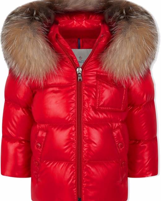 red moncler coat with fur hood