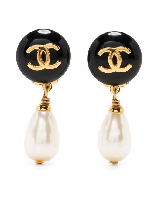 Chanel Brand New Gold Scallop CC Black Flower Pearl Large Piercing Earrings