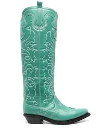 GANNI embroidered knee leather boots - Green