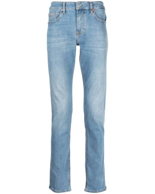 HUGO - Denim regular-fit jeans with stacked-logo jacquard