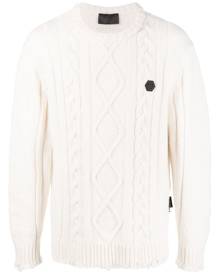 Philipp Plein cable-knit distressed-finish jumper - White