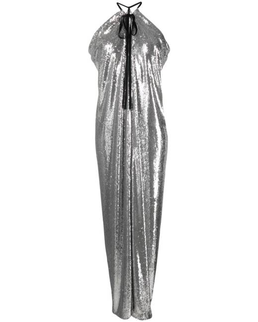 ASOS DESIGN plunge halter neck sequin bodycon maxi dress in silver