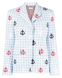 Thom Browne anchor-embroidered gingham bouclé blazer - Blue