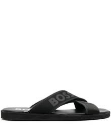 BOSS logo-print leather slides - Black