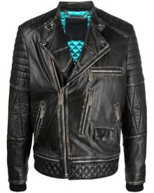 Philipp Plein logo-plaque leather biker jacket - Black