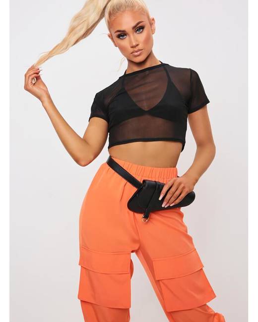 inlzdz Womens Shiny Crystal Mock Neck Short Sleeve Cutout Crop Top Sheer Mesh Back Dancewear