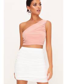 ISAWITFIRST.com Blush Pink Double Layer Slinky Ruched One Shoulder Crop Top - 4 / PINK