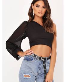 ISAWITFIRST.com Black One Shoulder Frill Chiffon Sleeve Top - 4 / BLACK