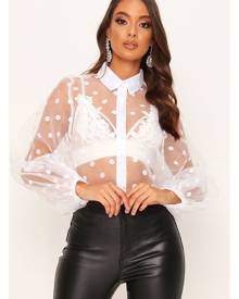 ISAWITFIRST.com White Velour Polka Dot Organza Balloon Sleeve Shirt - 4 / WHITE