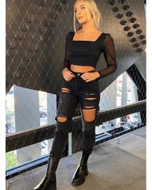 ISAWITFIRST.com Black Mesh Ruched Front Long Sleeve Crop Top - 4 / BLACK