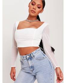 ISAWITFIRST.com White Mesh Ruched Front Long Sleeve Crop Top - 4 / WHITE